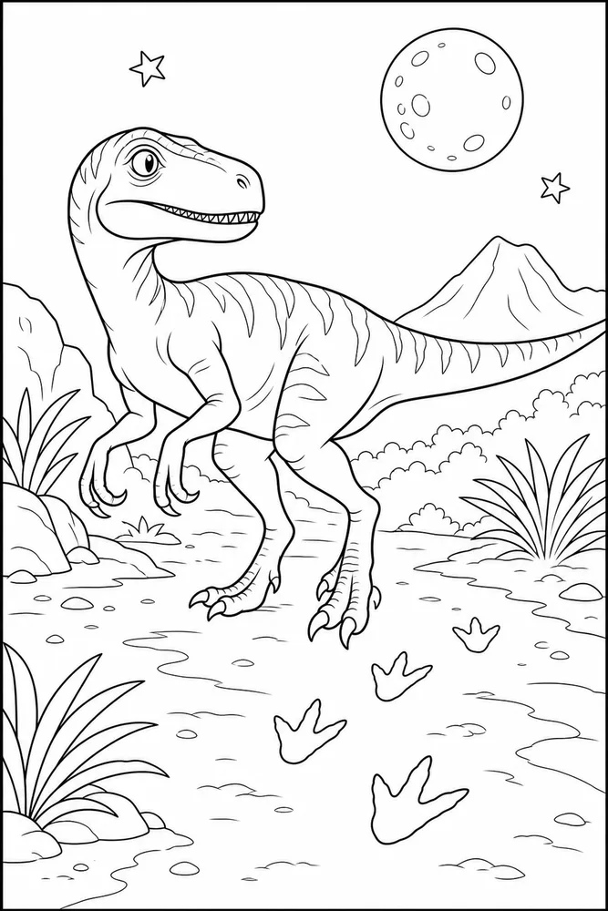 Raptor Dinosaur Moonlit Tracks coloring page