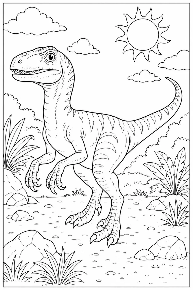 Raptor Dinosaur Sunny Clearing coloring page