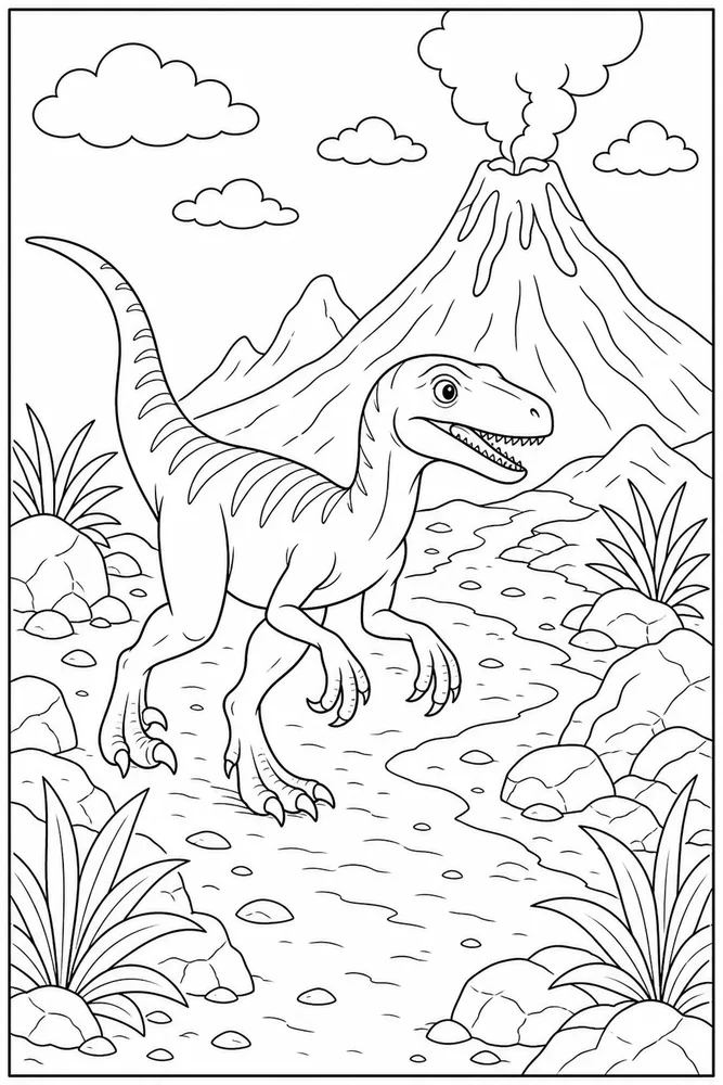 Raptor Dinosaur Volcano Path coloring page