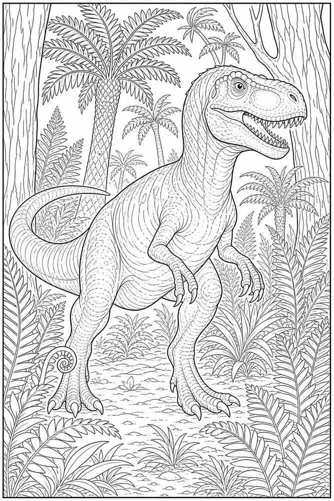 Realistic Dinosaur Coloring Pages preview: Realistic Dinosaur Fern Forest coloring page