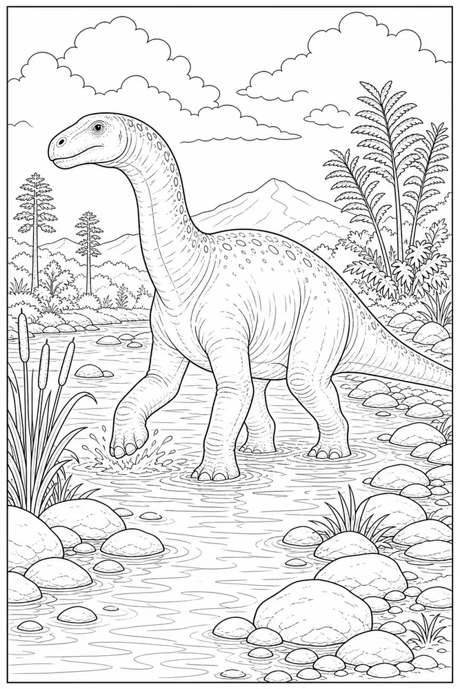 Realistic Dinosaur River Crossing coloring page