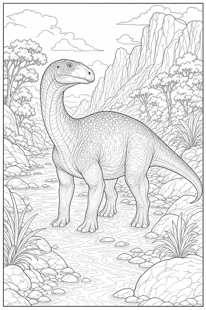 Realistic Dinosaur Rocky River coloring page