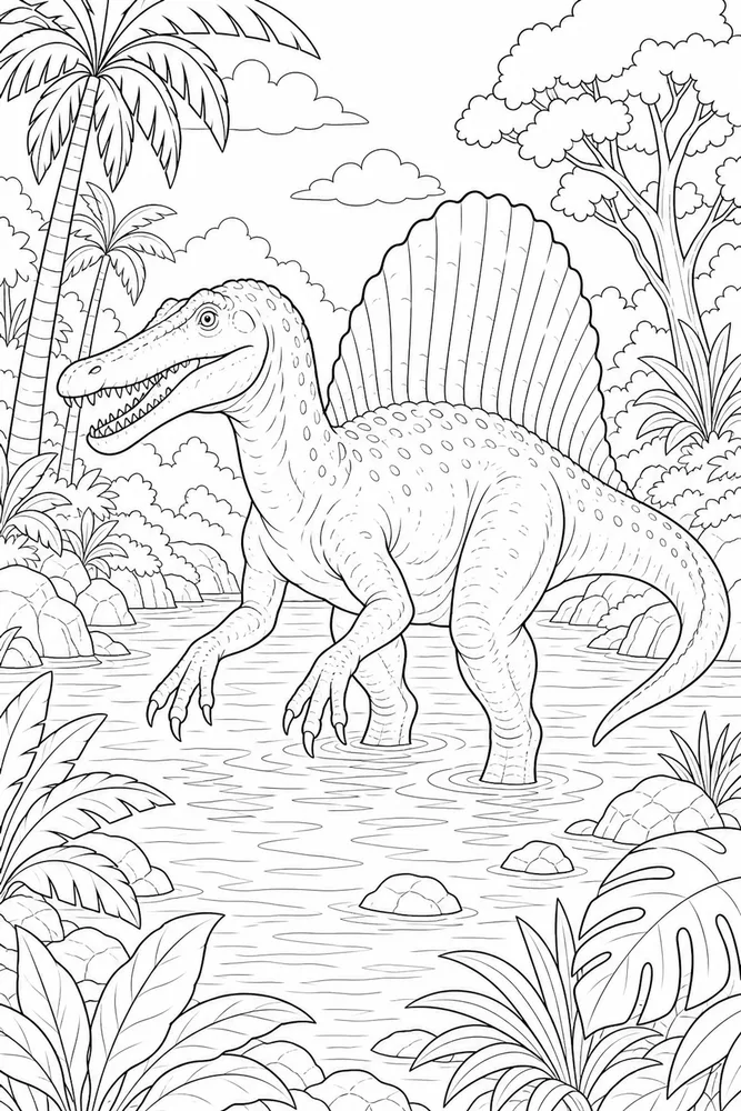 Spinosaurus Dinosaur Jungle River coloring page