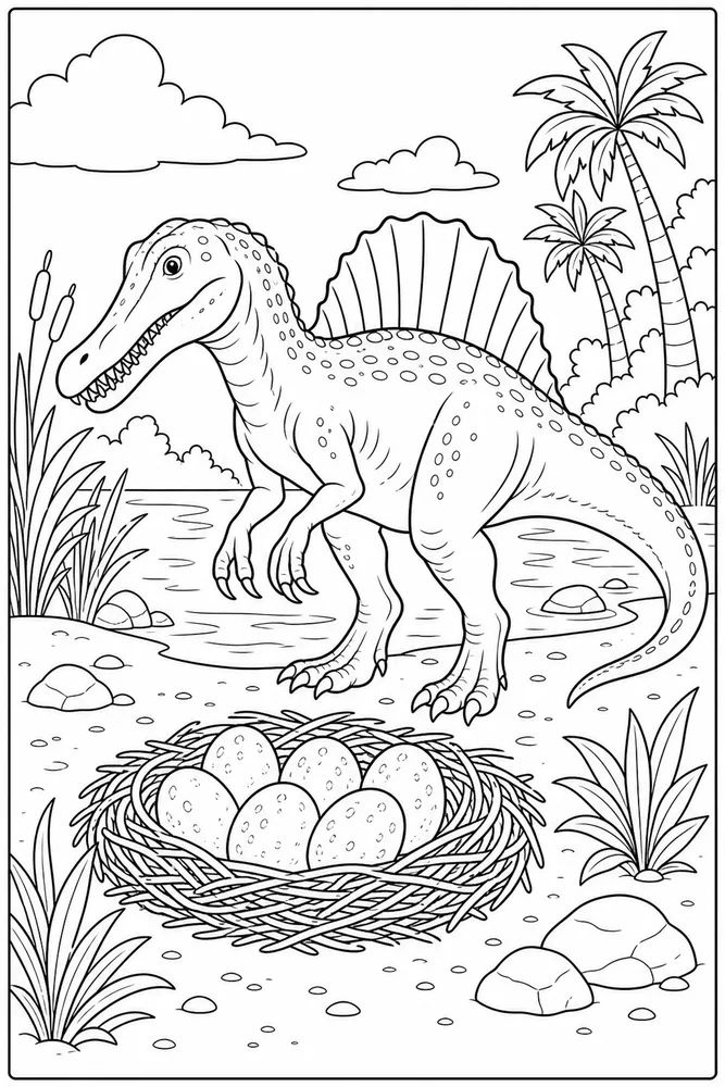 Spinosaurus Dinosaur Nest Near Water coloring page