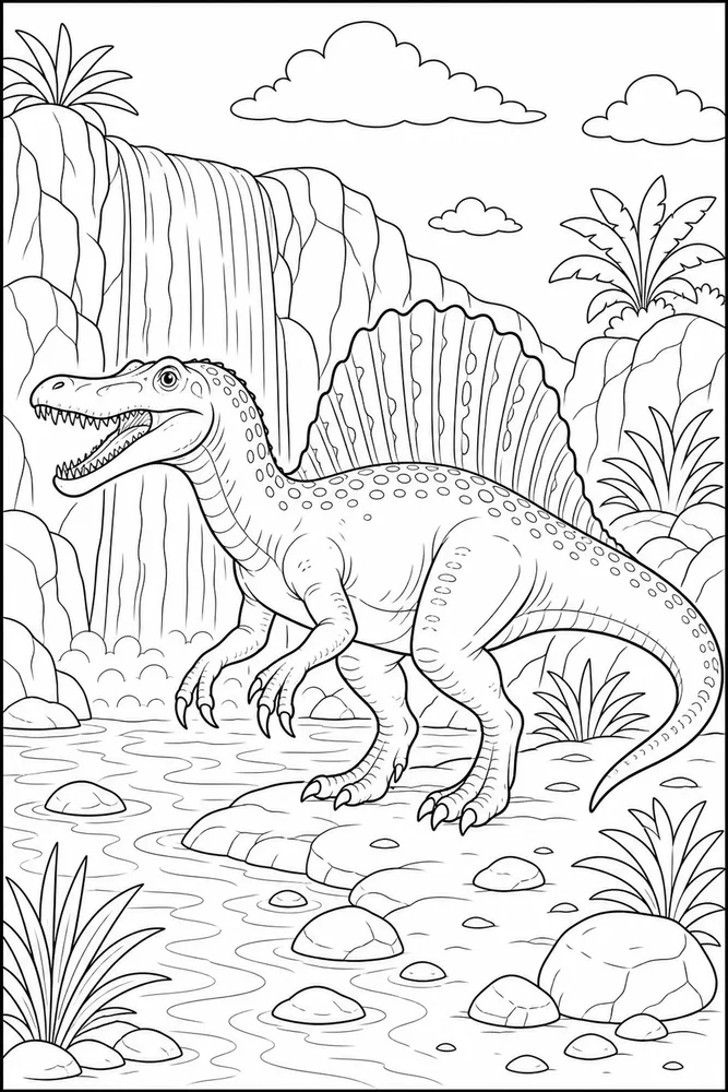 Spinosaurus Dinosaur Waterfall Bank coloring page