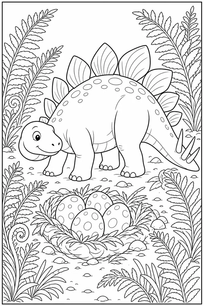 Stegosaurus Dinosaur Nest Beside Ferns coloring page