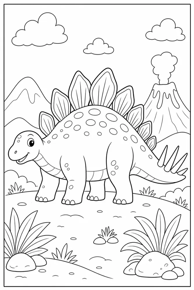 Stegosaurus Dinosaur Volcano Hills coloring page