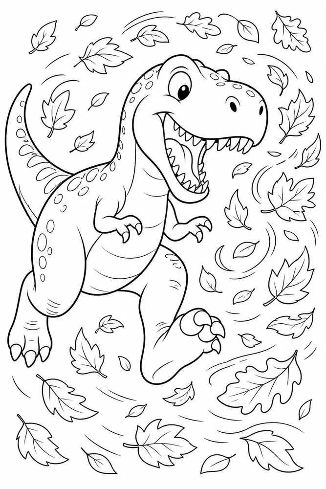 T Rex Dinosaur Chasing Leaves coloring page