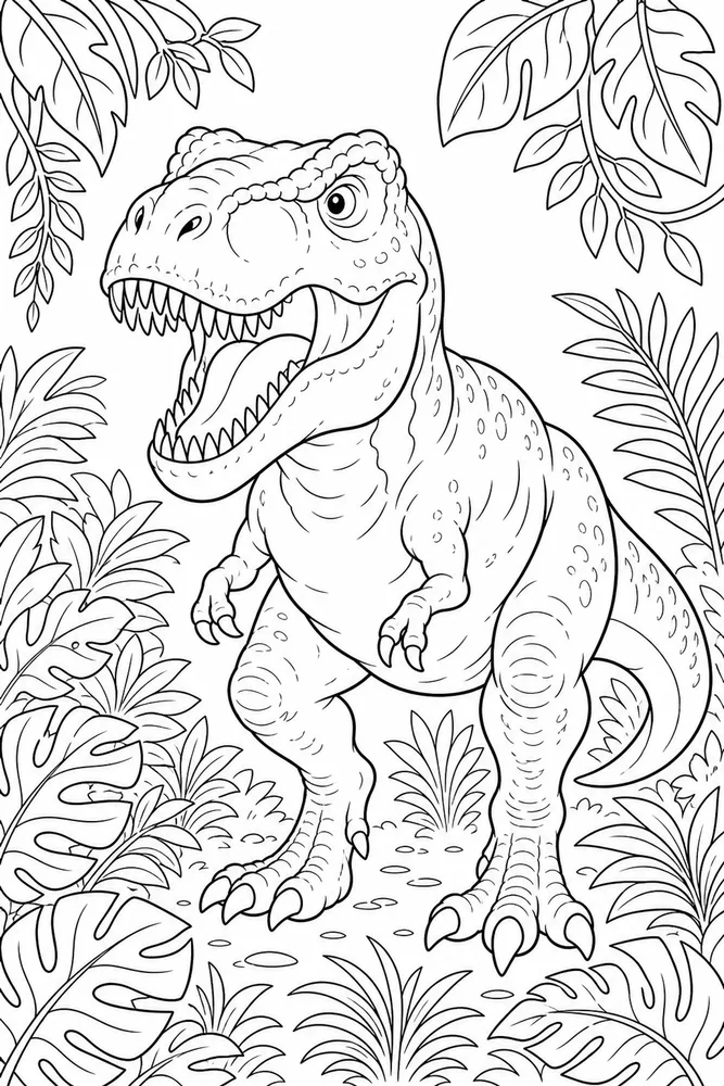 T Rex Dinosaur Jungle Leaves coloring page