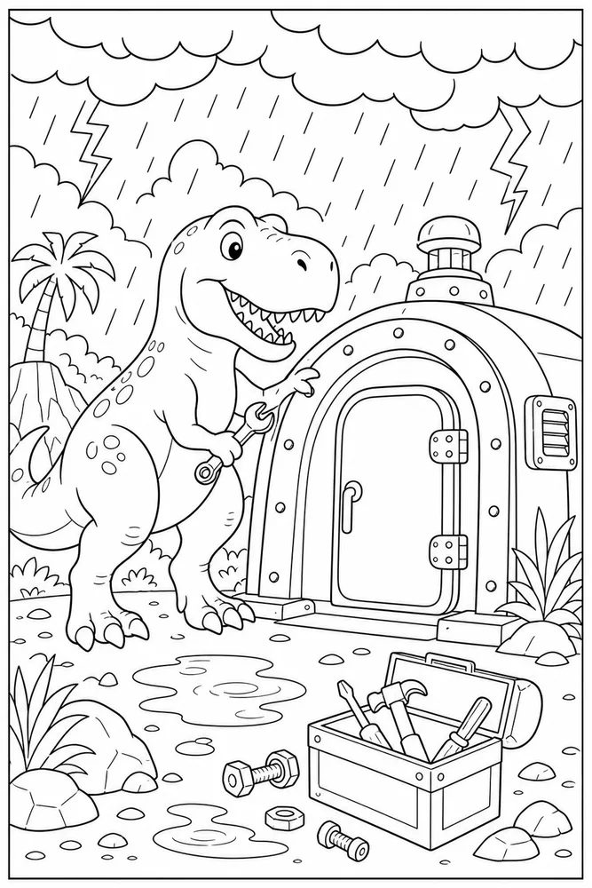 T Rex Dinosaur Thunderstorm Shelter coloring page