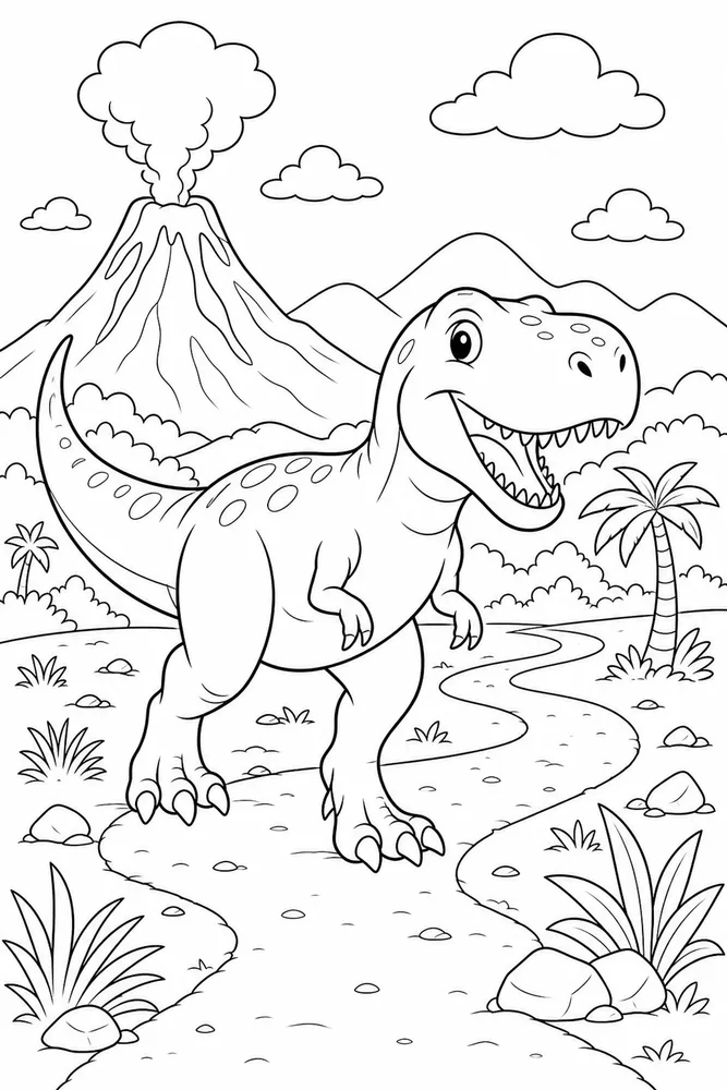 T Rex Dinosaur Coloring Pages preview: T Rex Dinosaur Volcano Path coloring page