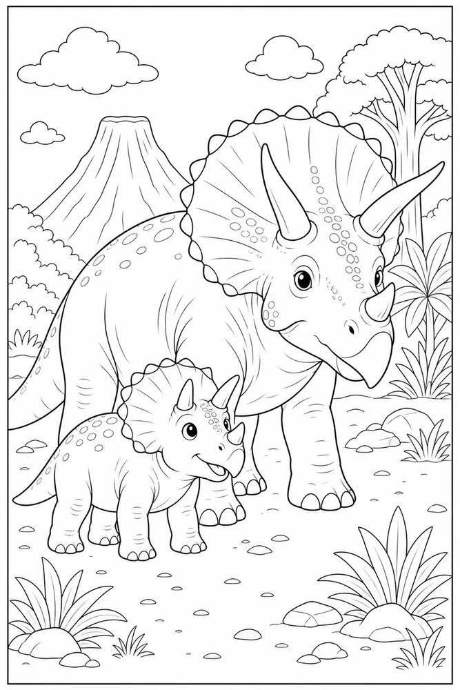 Triceratops Dinosaur Baby Beside Parent coloring page