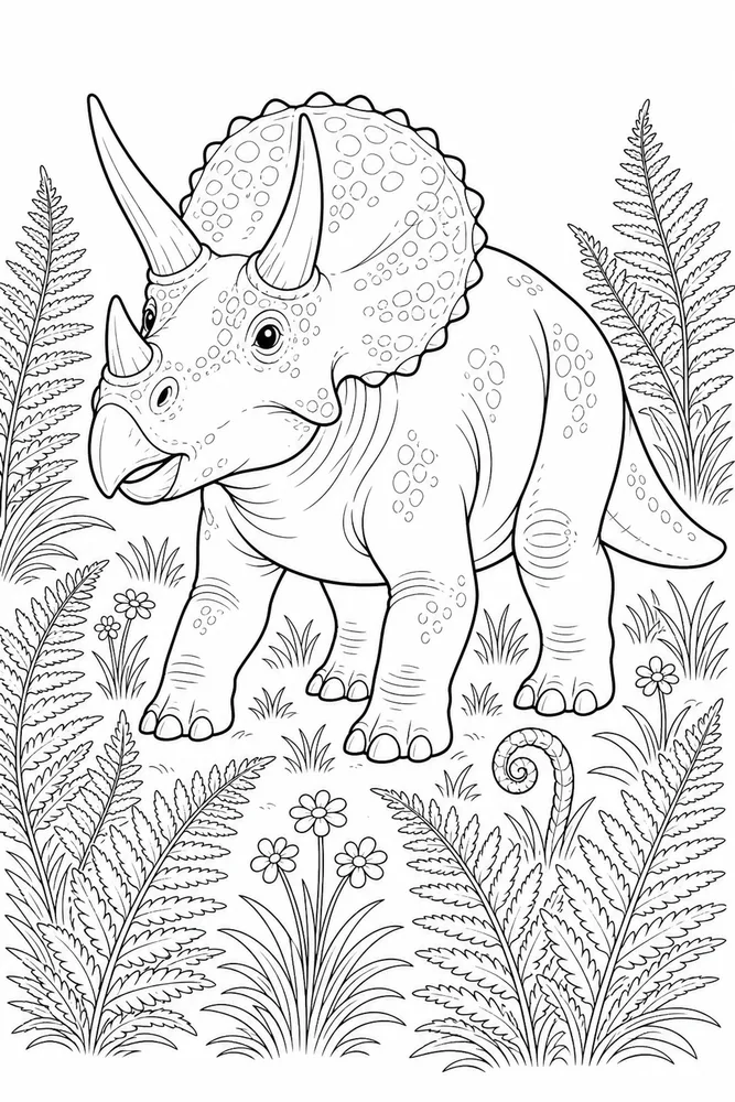 Triceratops Dinosaur Coloring Pages preview: Triceratops Dinosaur Fern Meadow coloring page