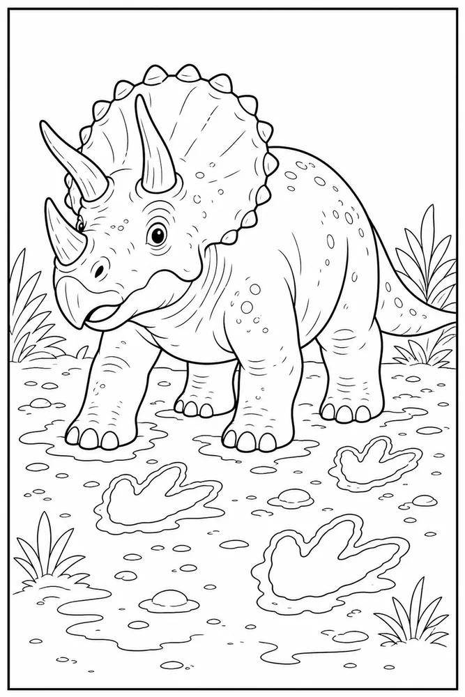Triceratops Dinosaur Muddy Tracks coloring page