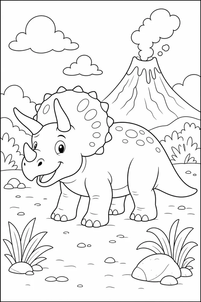 Triceratops Dinosaur Volcano Distance coloring page