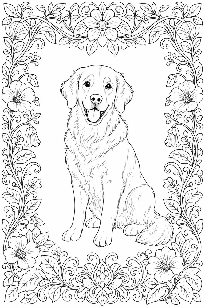 Adult Dog Botanical Frame coloring page