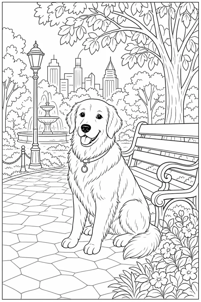 Adult Dog City Park Bench coloring page