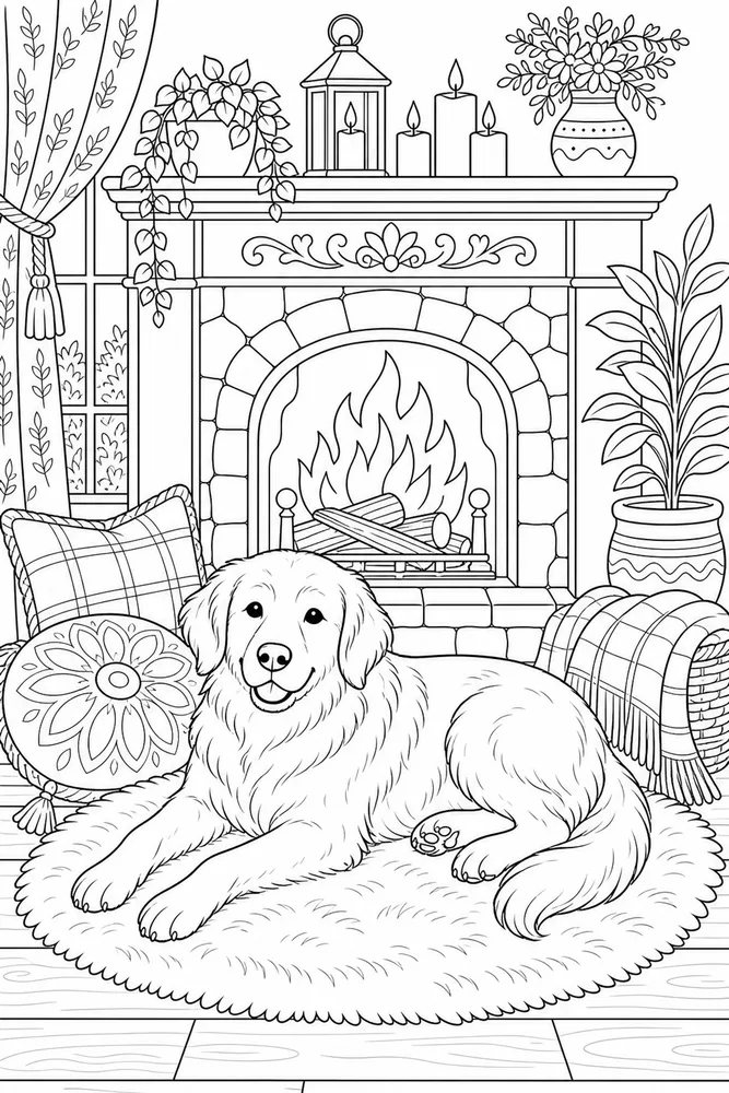 Adult Dog Cozy Fireplace coloring page