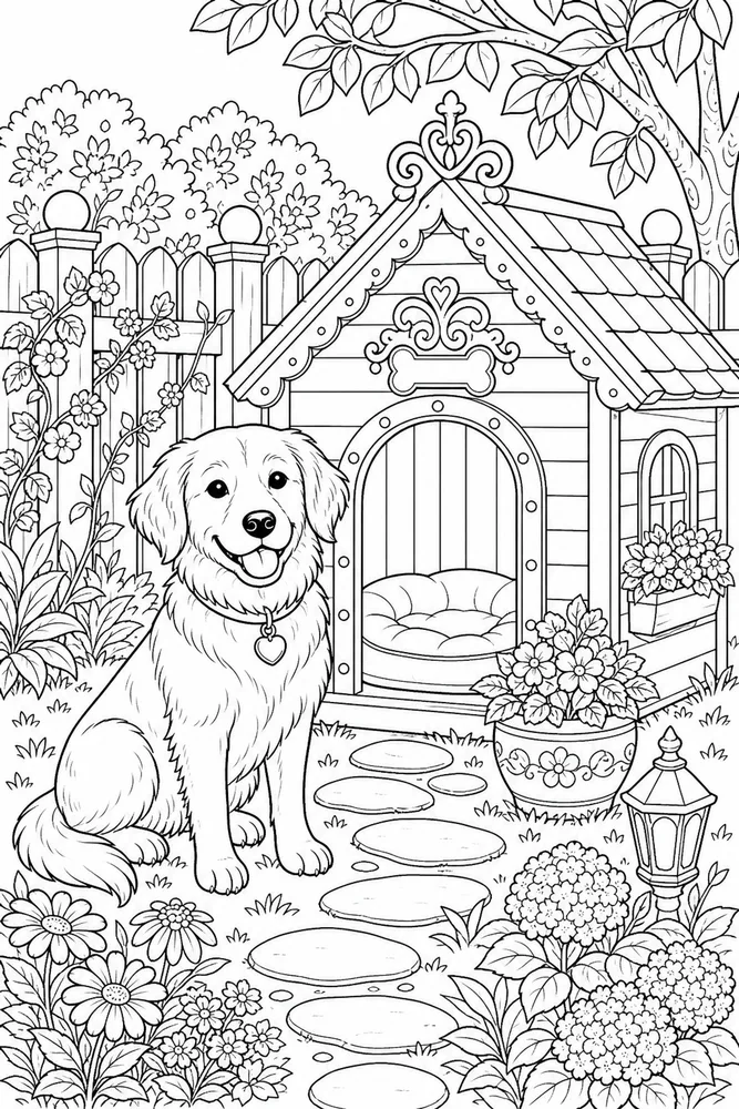 Adult Dog Detailed Doghouse Garden coloring page