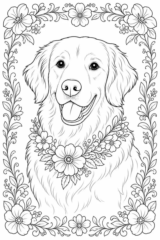 Adult Dog Floral Collar Portrait coloring page