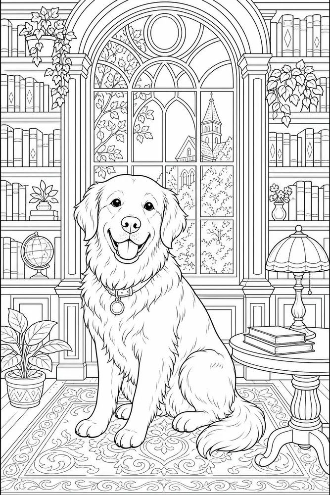 Adult Dog Library Window coloring page