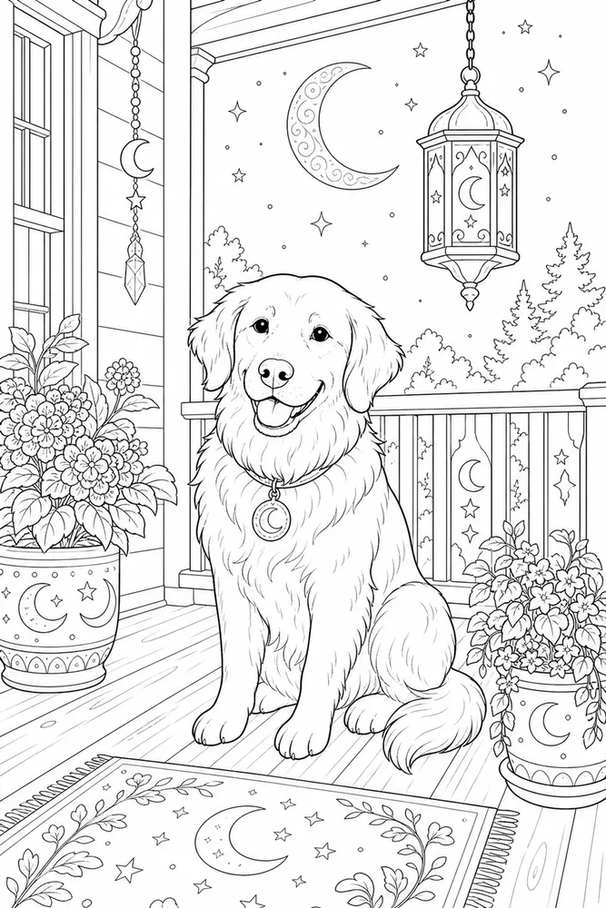 Adult Dog Moonlit Porch coloring page