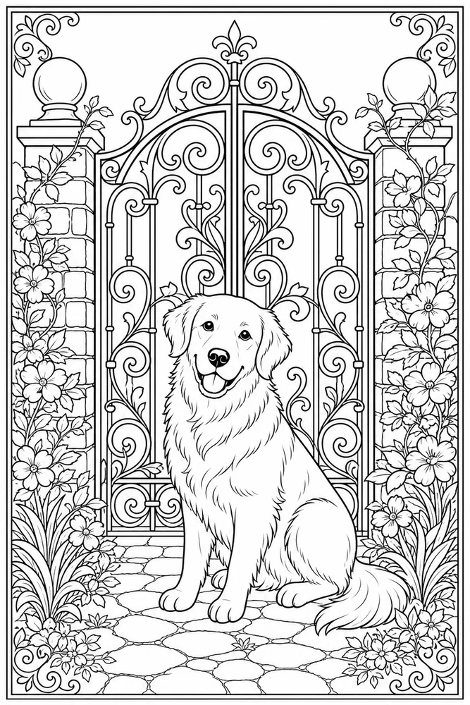 Adult Dog Ornate Garden Gate coloring page