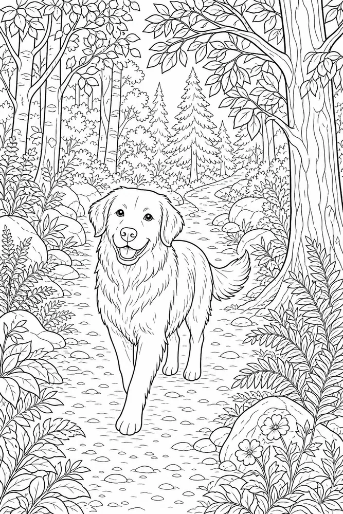 Adult Dog Woodland Path coloring page