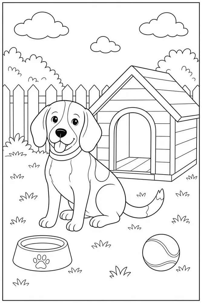 Beagle beside a doghouse printable dog coloring page