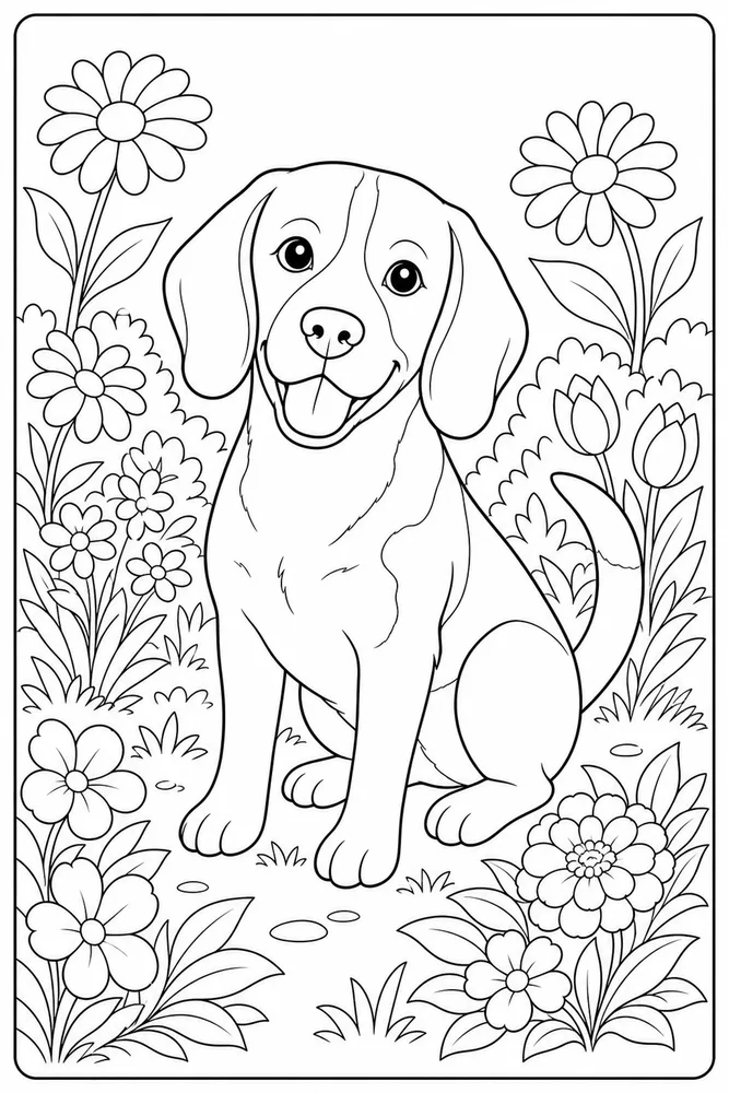 Beagle Dog Garden Flowers coloring page