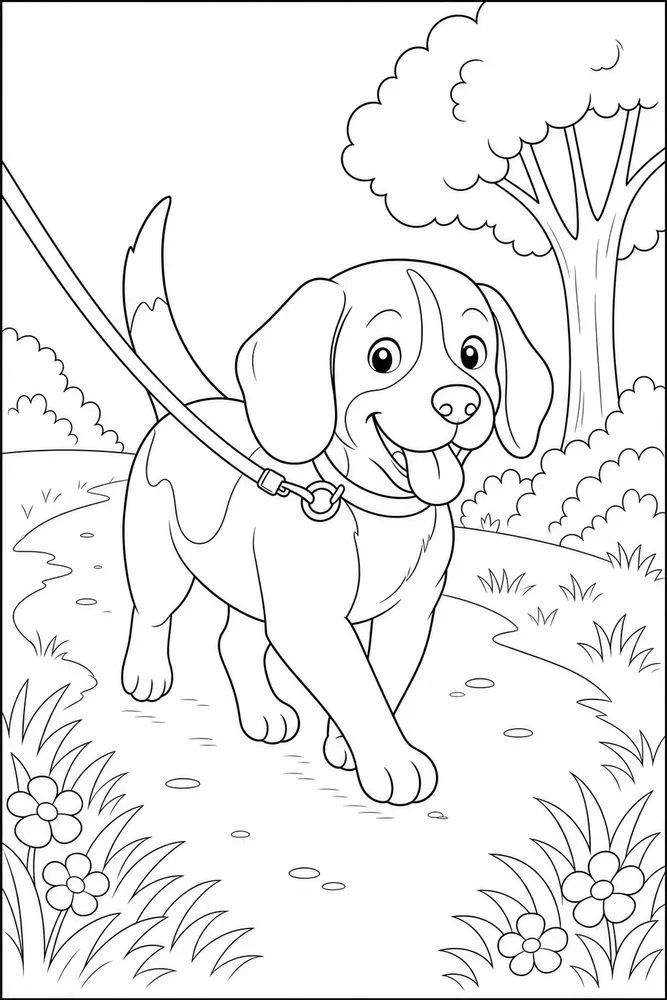 Beagle Dog Leash Walk coloring page