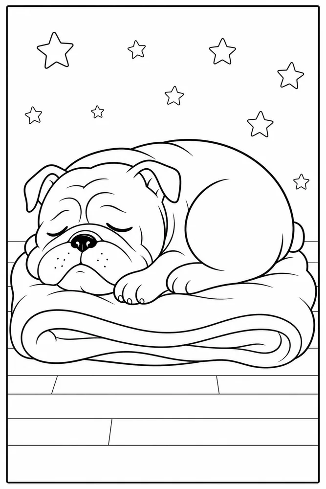 Printable bulldog coloring page showing a bulldog taking a nap on a blanket with calm home details.