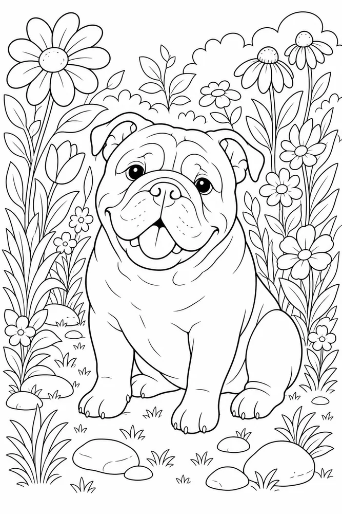 Bulldog Flower Garden coloring page