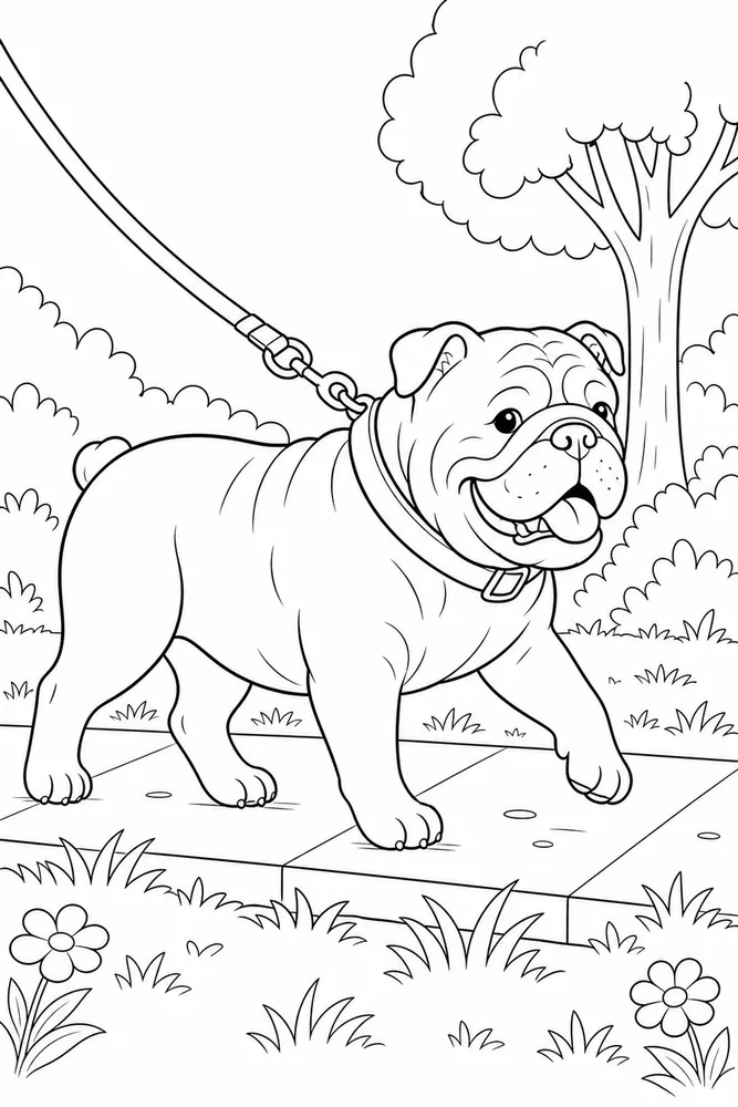 Printable bulldog coloring page showing a bulldog walking on a leash along a simple outdoor path.