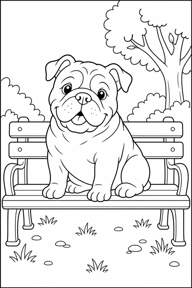 Printable bulldog coloring page showing a bulldog sitting near a park bench with outdoor scenery.