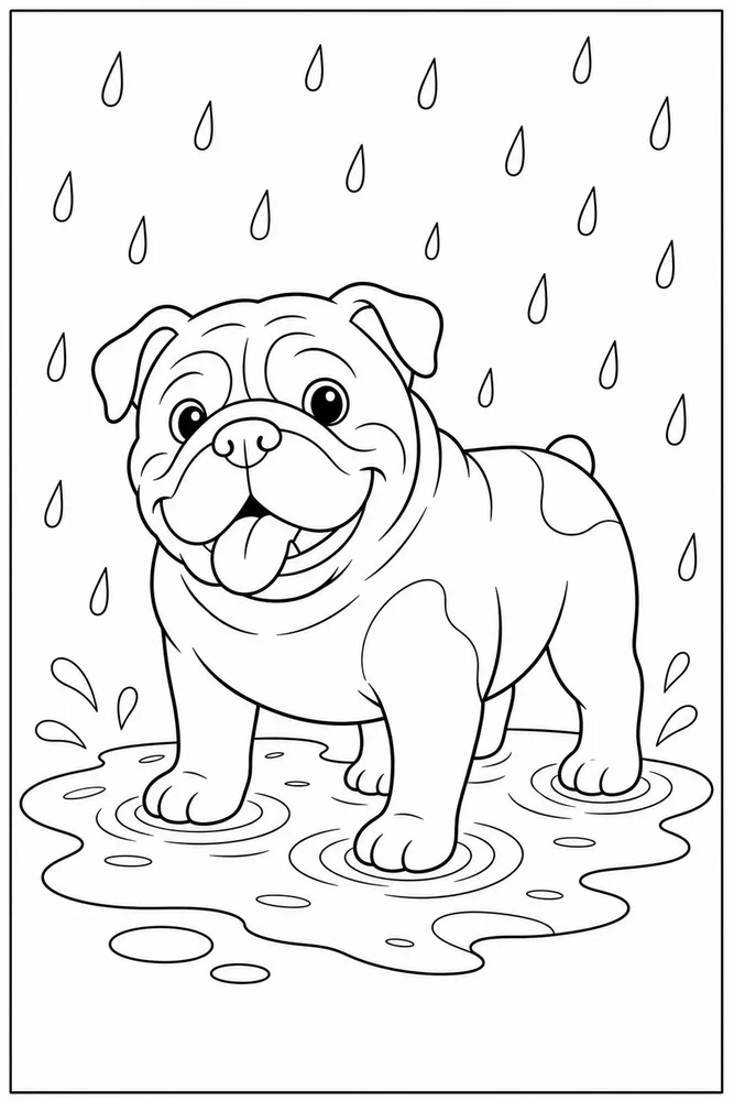 Printable bulldog coloring page showing a bulldog near a rain puddle with rainy-day outdoor details.