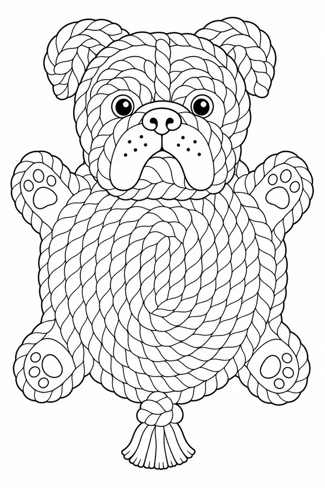 Printable bulldog coloring page showing a bulldog on a rug with a toy rope and playful indoor details.