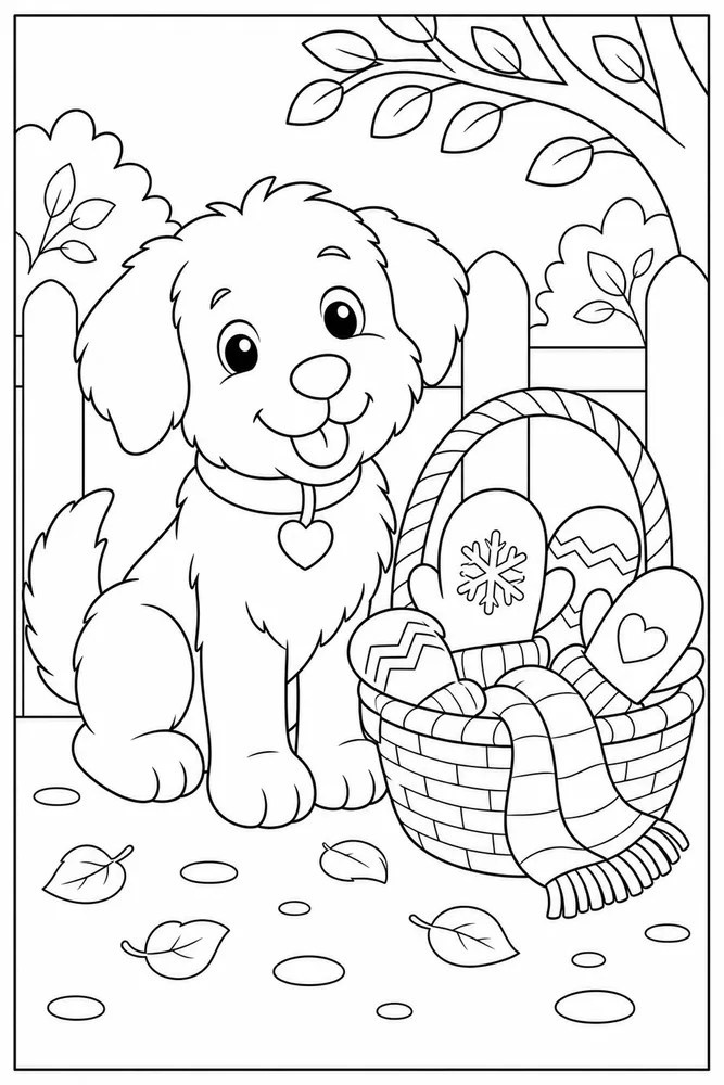 Christmas Dog Mitten Basket printable dog coloring page for kids