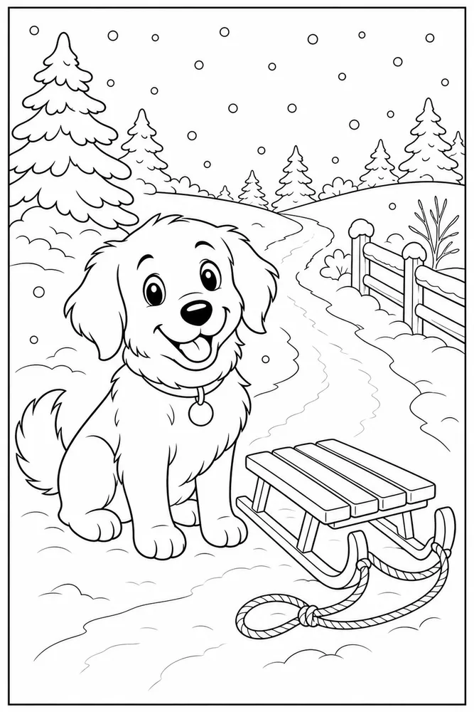 Christmas Dog Sled printable dog coloring page for kids