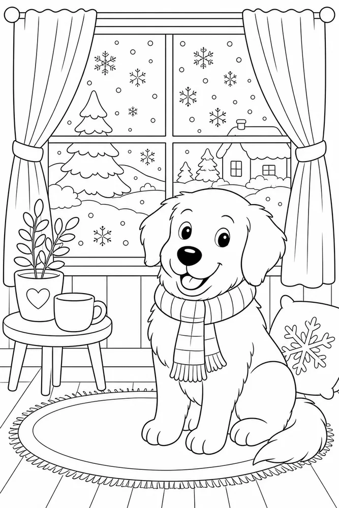 Christmas Dog Snow Window printable dog coloring page for kids