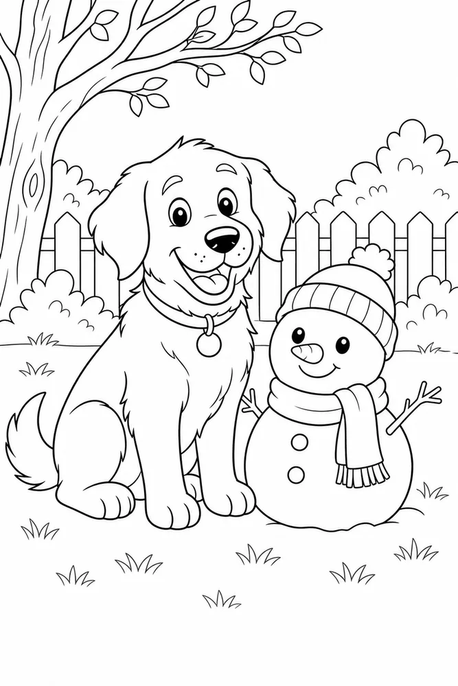 Christmas Dog Snowman Yard printable dog coloring page for kids