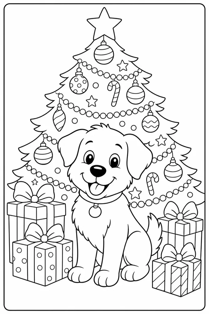 Christmas Dog Tree Gifts printable dog coloring page for kids