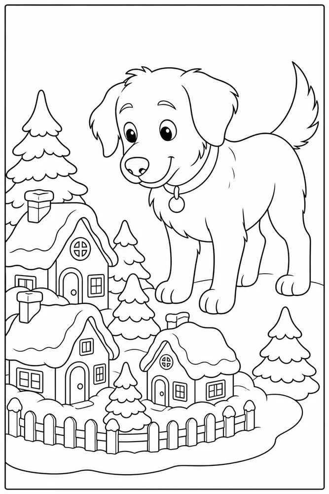 Christmas Dog Winter Village printable dog coloring page for kids
