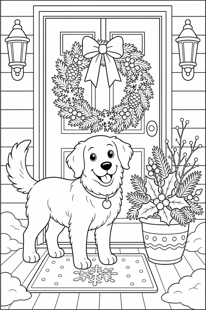 Christmas Dog Wreath Door printable dog coloring page for kids
