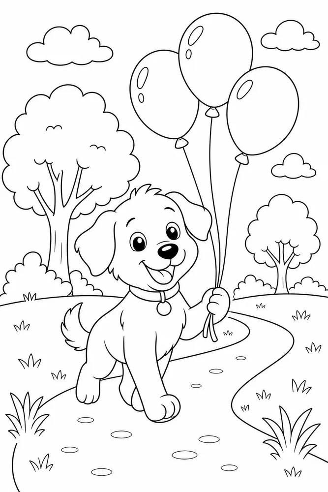 Cute Dog Balloon Walk printable dog coloring page for kids
