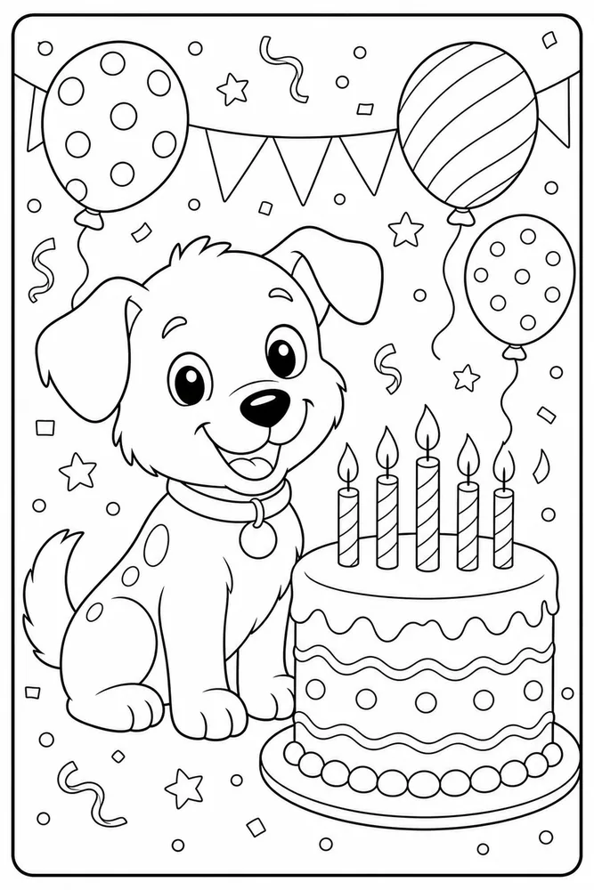 Cute Dog Birthday Cake printable dog coloring page for kids