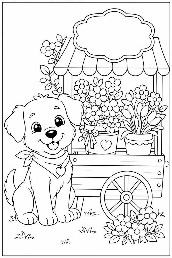Cute Dog Coloring Pages preview: Cute Dog Flower Cart printable dog coloring page for kids