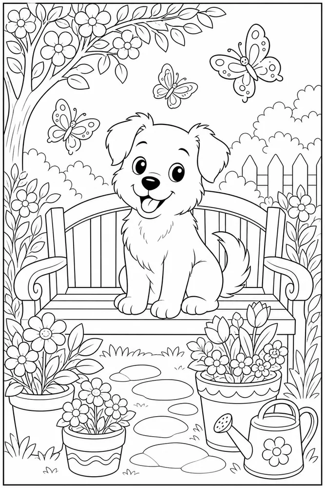 Cute Dog Garden Bench printable dog coloring page for kids