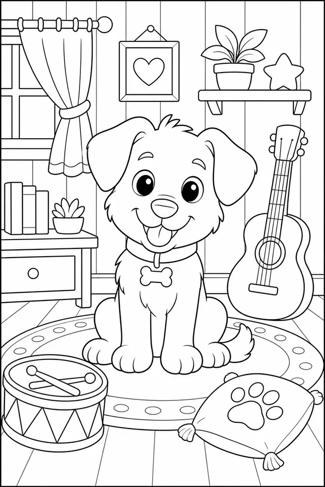 Cute Dog Music Room printable dog coloring page for kids