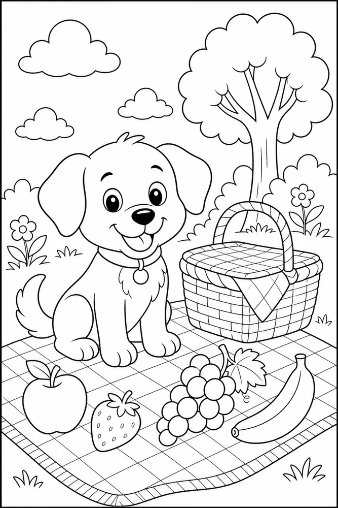 Cute Dog Picnic Blanket printable dog coloring page for kids
